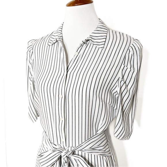 1. State White Pinstripe Tie Waist Asymmetrical High Low Short Sleeve Shittdress - Picture 10 of 12